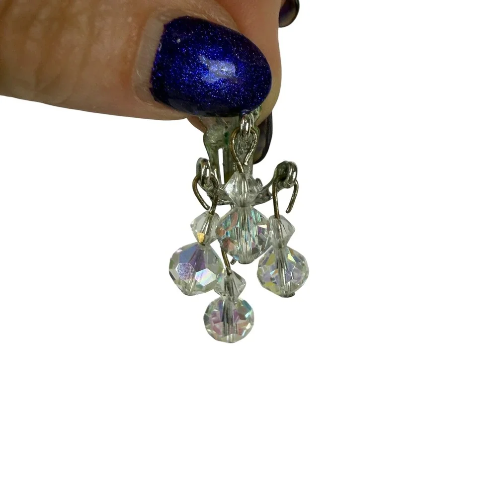 Vintage Aurora Borealis AB Crystal Chandelier Clip On Earrings Silver Tone Drop